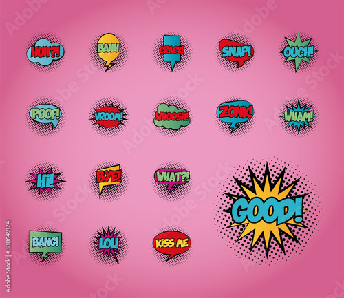 bundle of speech bubbles with good word and words pop art fill style