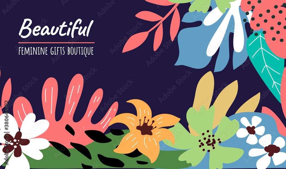 Obraz premium Beautiful blossom floral composition with wild exotic leaf. Vector flower illustration with text on dark color background.