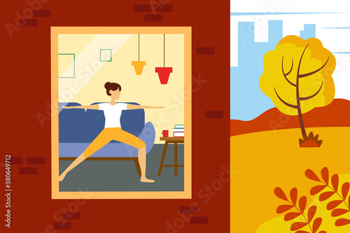 Woman doing yoga at home. Illustration of half a house and a street. Vector illustration in flat style.