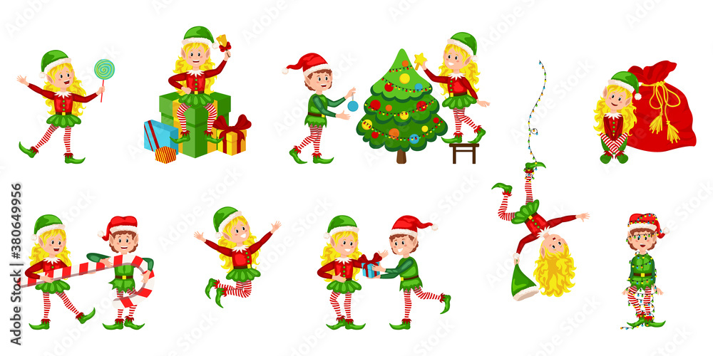 Christmas elfs kids vector children Santa Claus helpers cartoon elfish girls. Girl elves with green costume holding gifts and playing