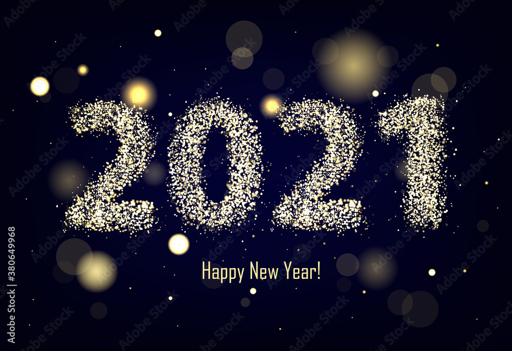 Happy 2021 new year golden papercut banner in glow style for your christmas themed congratulations and cards.  Gold Festive Numbers Design. Happy New Year Banner with 2021 Numbers