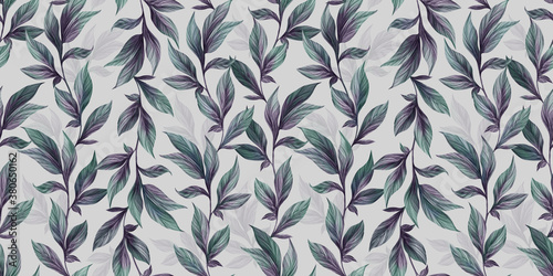 Botanical seamless pattern with vintage graphic mint and violet peony leaves. Hand-drawn illustration. Good for production wallpapers, cloth and fabric printing.