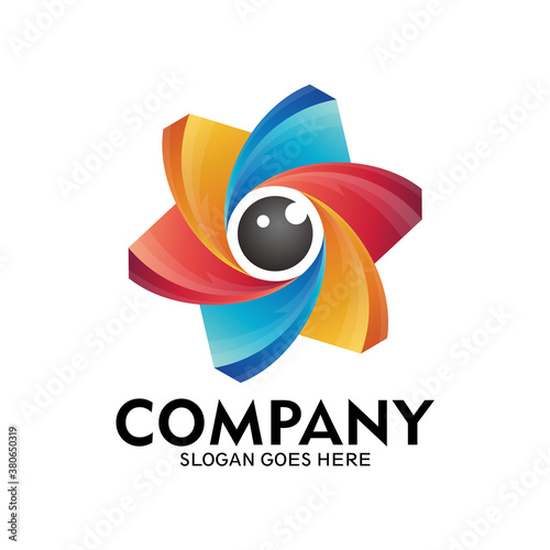 Colorful eye and flower logo, camera lens eye logo and flower icon-vector