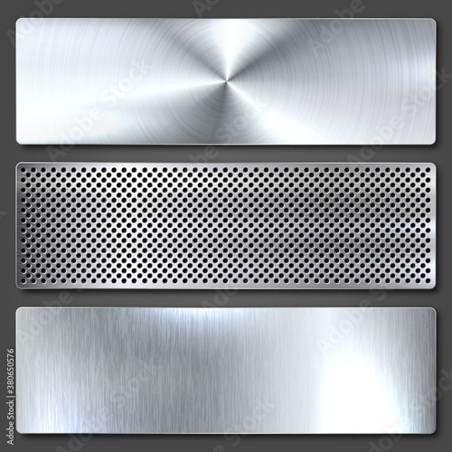 Realistic brushed metal textures set. Polished stainless steel background. Vector illustration.