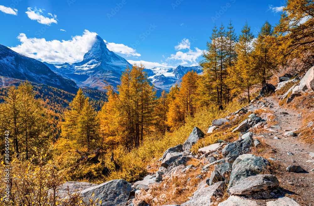 Breathtaking autumn scenery of famous alp peak Matterhorn. Swiss Alps, Valais, Switzerland