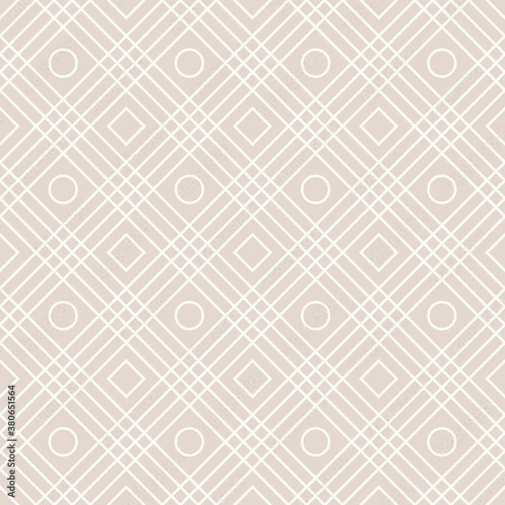 Diamond shapes, crossing lines and cirlces, abstract geometric background. Seamless vector fashion pattern.