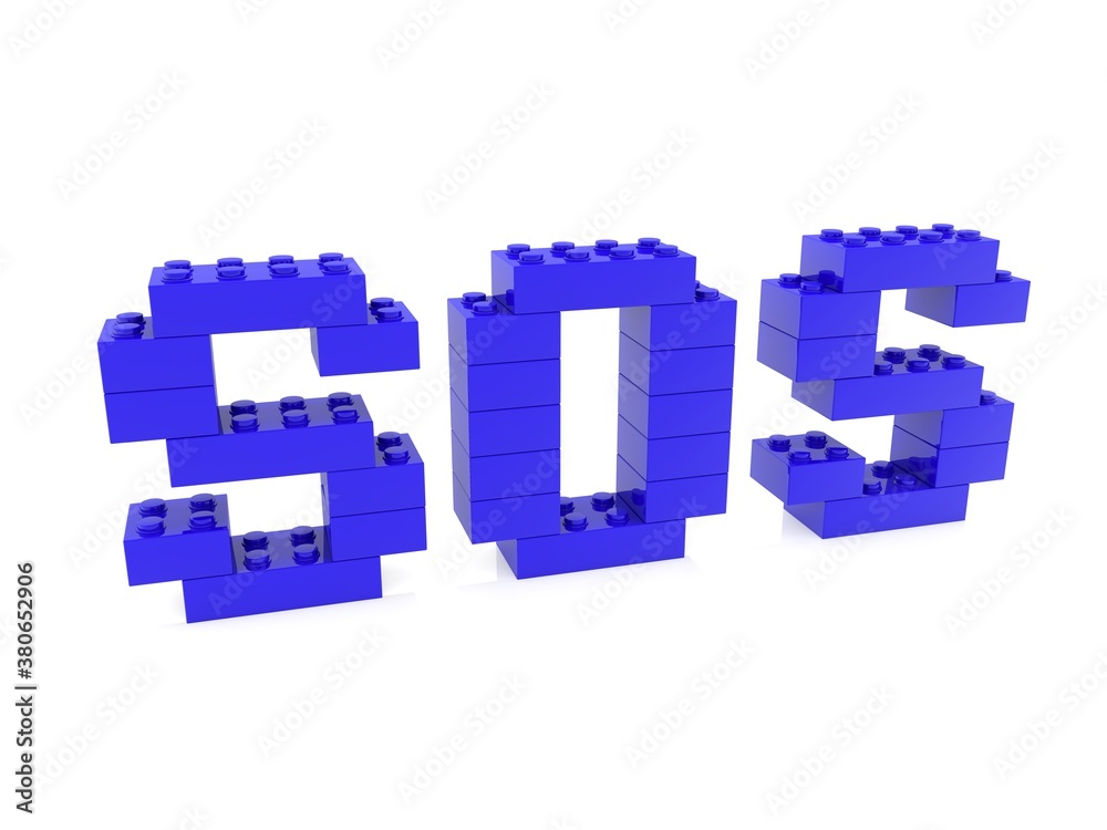 SOS concept from blue toy bricks to white