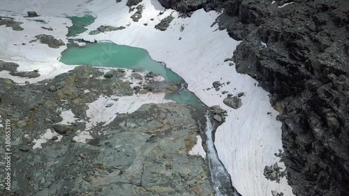 Aerial drone video on a stunning glacial turquoise lake in Valle D’Aosta region, Italy photo