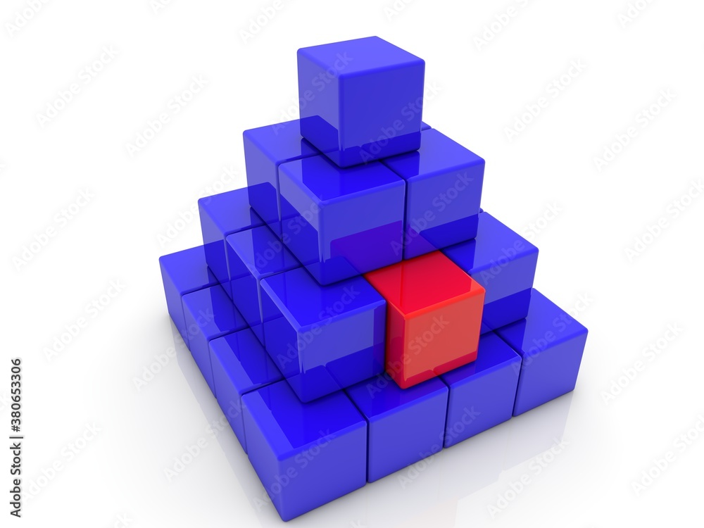 Pyramid of blue toy blocks with a red block extended Pyramid of blue toy blocks with a red block extended