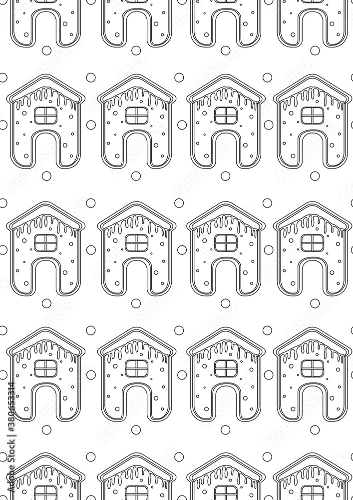 Seamless pattern or coloring page with Christmas houses, Outline vector stock illustration in A4 size for anti stress therapy