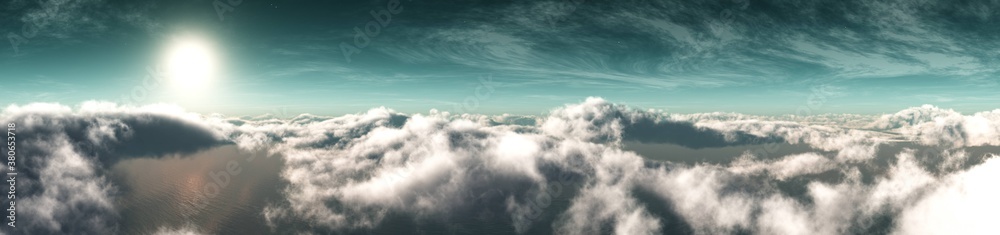 Obraz premium Sunrise over the clouds, cloudy landscape, flight over the clouds, banner, 3d rendering