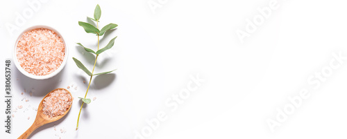 Long wide banner with organic Himalaya salt and twig of fresh aromatic eucalyptus on white background. Spa and wellness concept. Minimalism style composition.