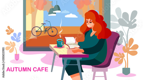  The girl at the window reads and drinks coffee. Autumn mood. Vacation without a computer. Vector illustration