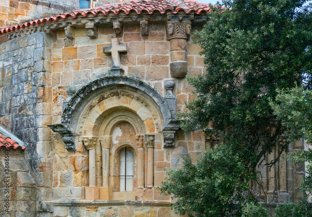 View of the exterior of the apse of the Romanic Church of Santa Maria de Bareyo, Bareyo, Bareyo Municipality, Cantabria, Cantabrian Sea, Spain, Europe