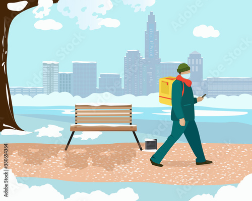 A walking courier is delivered to the Park in winter