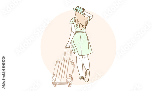 Young woman luggage green suitcase, travel concept, Simple flat illustration