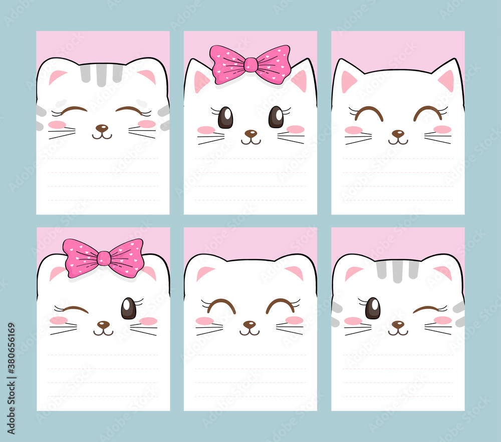 Set of notebook pages. Speech emoji notes template. Cats and kittens. White  head face square icon with empty space for text. Cute cartoon kawaii funny  character. Flat design. Happy Valentines Day Stock