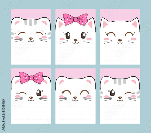 Set of notebook pages. Speech emoji notes template. Cats and kittens. White head face square icon with empty space for text. Cute cartoon kawaii funny character. Flat design. Happy Valentines Day  