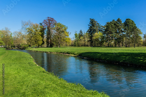 Picturesque Public Park and canal in town of Rambouillet. Rambouillet, Yvelines department, Ile-de-France region, 50 km southwest of Paris. France.
