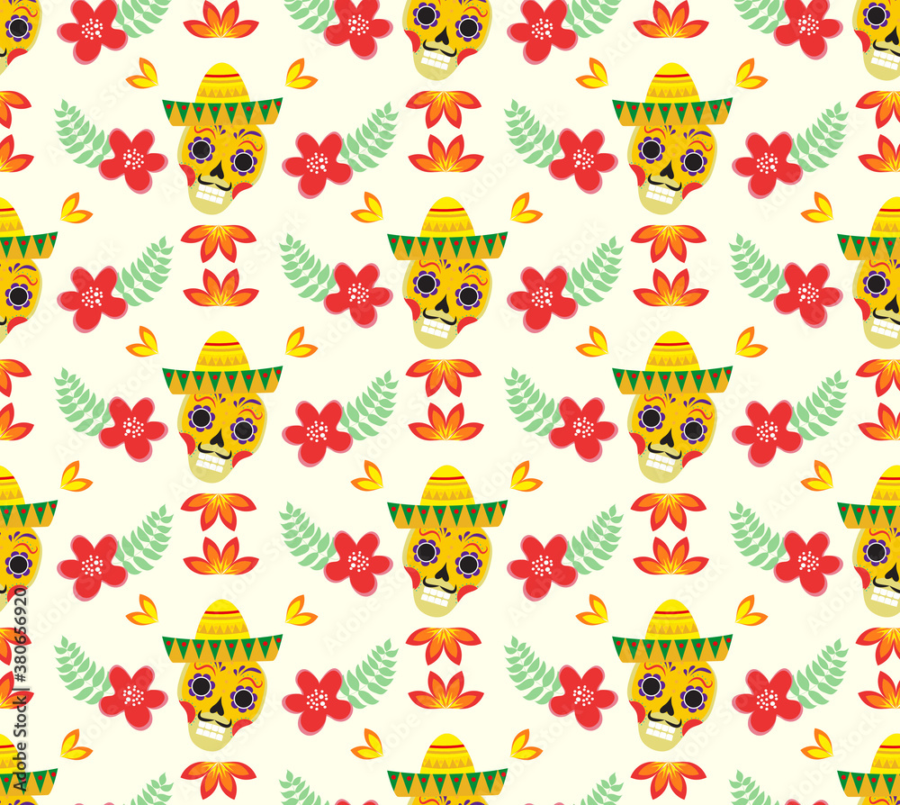 Day of the Dead Mexican seamless pattern. Dia de los muertos repeating texture. sugar skull, skeleton, flowers endless background. Vector illustration Day of the Dead Mexican seamless pattern. Dia de los muertos repeating texture. sugar skull, skeleton, flowers endless background. Vector illustration