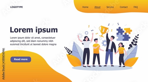 Happy parents and children celebrating success. Family contest, teamwork, togetherness flat vector illustration. Family, success, achievement concept for banner, website design or landing web page