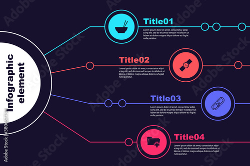 Set Bowl with chopsticks, Wrist watch, Chain link and Add new folder. Business infographic template. Vector.