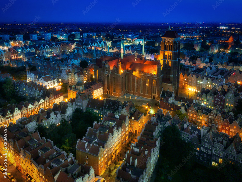 Aerial view of the St. Mary's Basilica in Gdansk at night, Poland