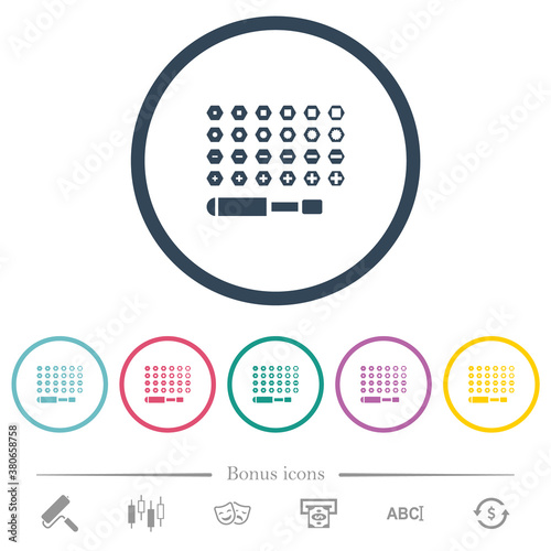 Set of screwdriver bits flat color icons in round outlines