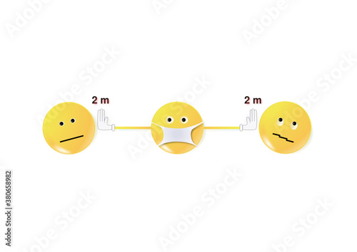 Smiley mit Atemschutzmaske in Zeiten der Corona deutet eine Abstand an (Vektor)