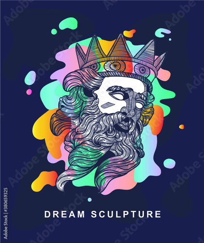 Dream style with colors spots on the violet background.  The Statue of Zeus. 
