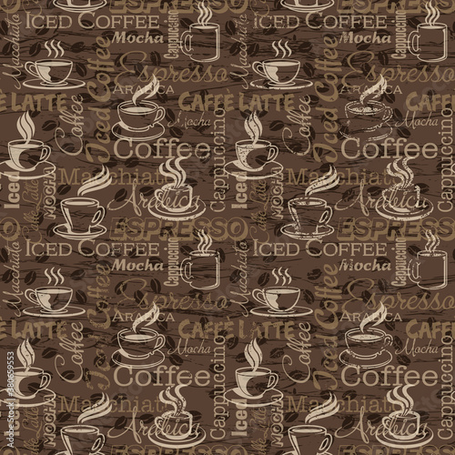 Coffee mug and cup with lettering background abstract vintage vector seamless pattern