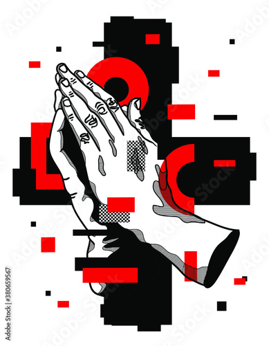 Crazy red style. Prayers hands sculpture. 