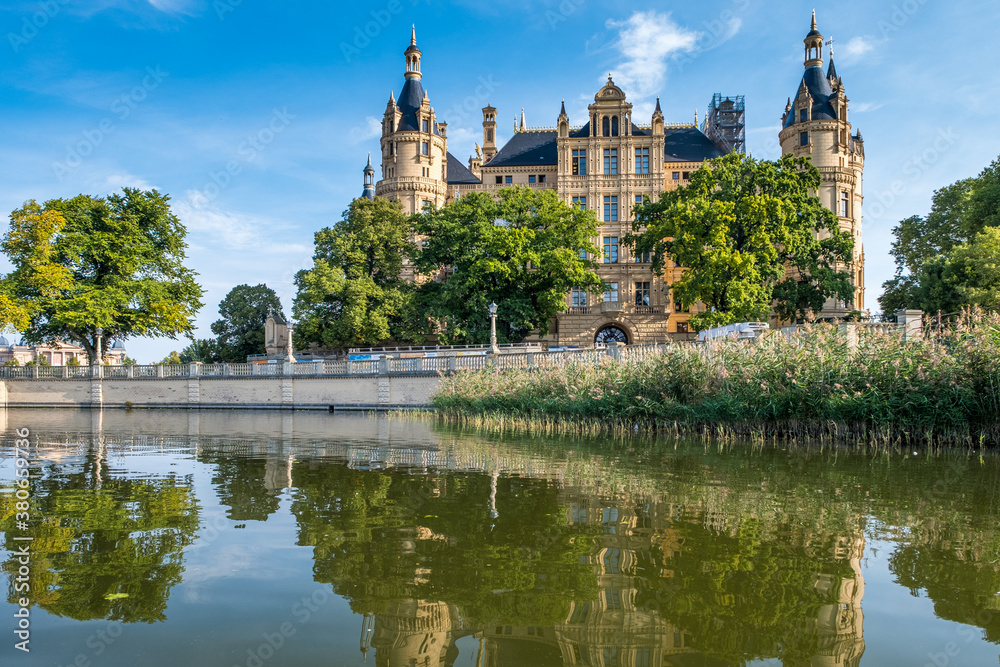 A beautiful fairy-tale castle in Schwerin, the view from the lake