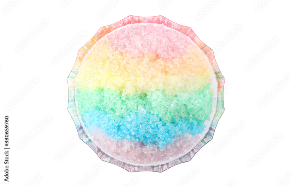 Rainbow shaving ice in glass dessert bowl isolated on white, top view