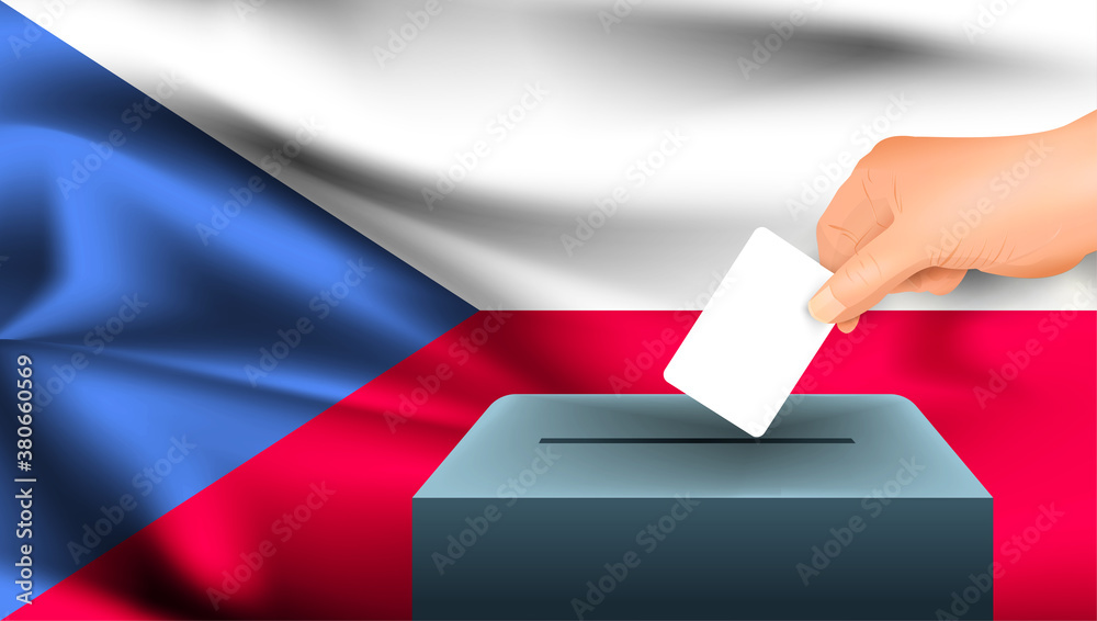 Male hand puts down a white sheet of paper with a mark as a symbol of a ballot paper against the background of the Czech Republic flag. Czech Republic the symbol of elections Male hand puts down a white sheet of paper with a mark as a symbol of a ballot paper against the background of the Czech Republic flag. Czech Republic the symbol of elections