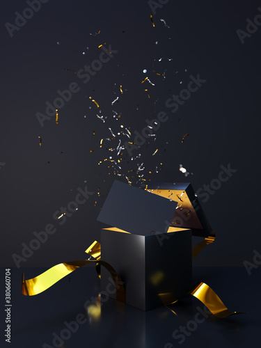 Black gift box with gold bow opens with an explosion of confetti to reveal a blank card. Dark and exclusive look