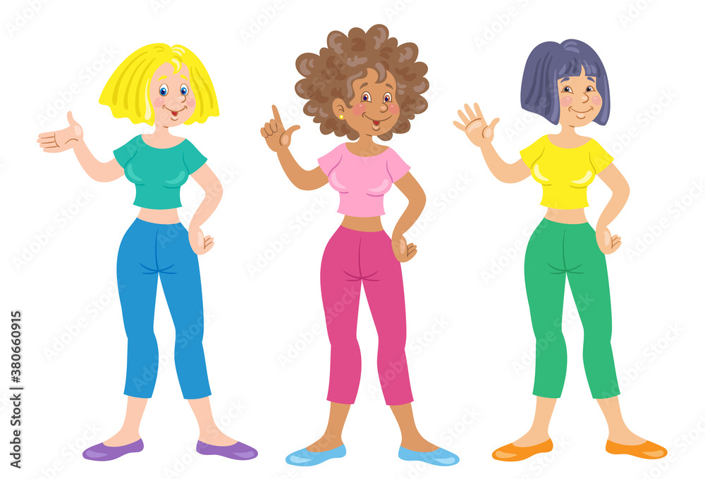 Three young women of different nationalities. In cartoon style. Isolated on white background. Vector flat illustration.