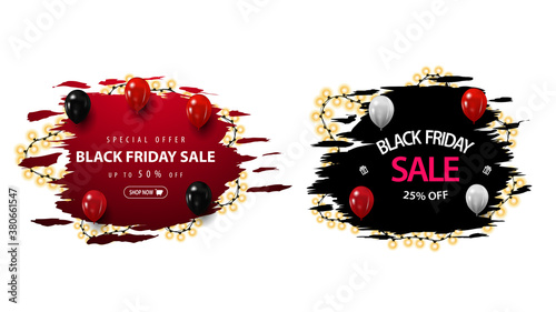 Set of Black Friday discount banners with ragged shapes wrapped with garland. Red and black discount banners isolated in white background