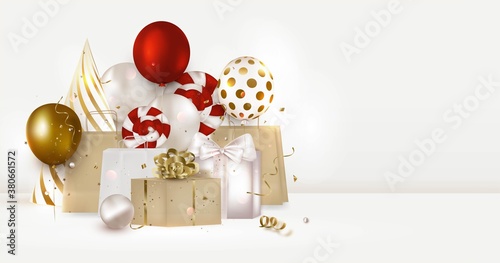 Scene Mockup with gift boxes, balloons, presents packages, holidays decoration on a white. Birthday Greeting card. Realistic vector.