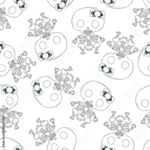 Spooky Halloween skeleton with bow seamless pattern template. Cute cartoon vector illustration sketch in black and white for games, background, pattern, decor, print. Coloring paper, page, story book