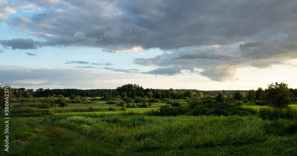 Evening landscape - a river valley in the forest-steppe zone, green grass, trees and bushes in the rays of the setting sun.