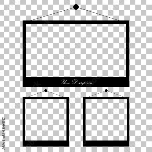 Black shape super set photo frame isolated on transparent background with 3 options.Vector Photo frame design.Decorative vector template can be use for pictures or memories. Vector illustration