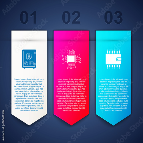 Set Proof of stake, Processor and Cryptocurrency wallet. Business infographic template. Vector.