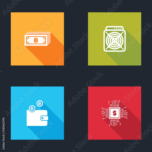 Set Cryptocurrency bitcoin, ASIC Miner, wallet and Processor chip with dollar icon. Vector.