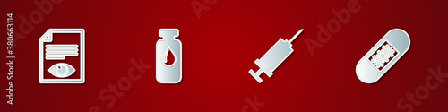 Set Paper page with eye, Medical vial, ampoule, Syringe and Bandage plaster icon. Vector.