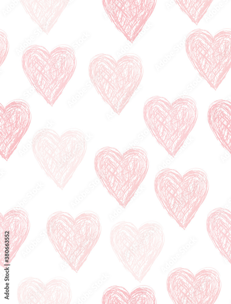Simple Hand Drawn Irregular Hearts Vector Pattern. Pastel Pink Sketched Hearts Isolated on a White Background. Infantile Style Valentine Print. 