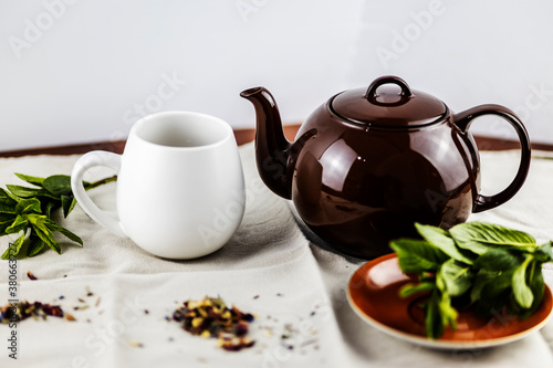 herbal tea on rustic cloth