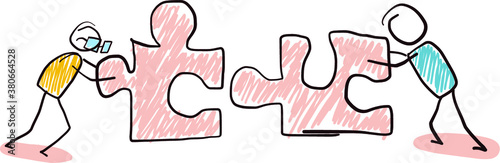 Two men connect two puzzle pieces. Concept of business solution, solving a problem