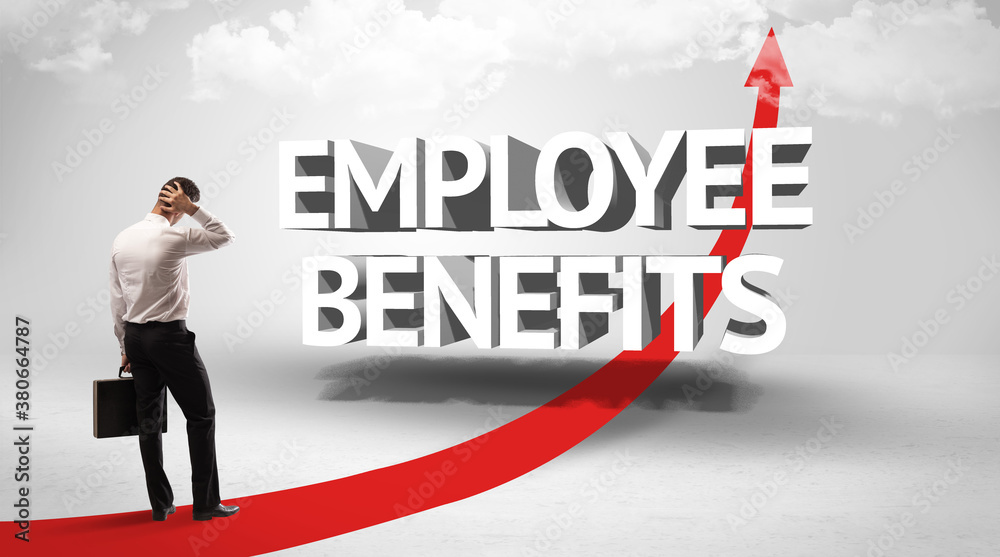 Rear view of a businessman standing in front of EMPLOYEE BENEFITS inscription, successful business concept Rear view of a businessman standing in front of EMPLOYEE BENEFITS inscription, successful business concept
