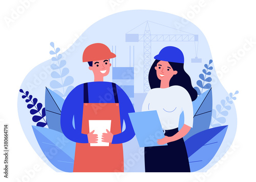 Builder and engineer discussing building plan. Helmet, draft, crane flat vector illustration. Architecture and construction concept for banner, website design or landing web page